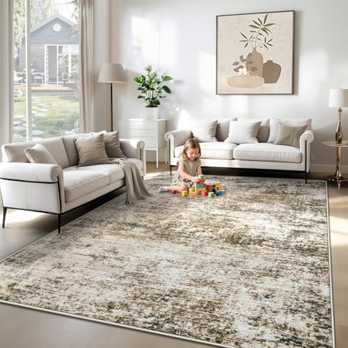 XLUEZ 6x9 Area Rugs for Living Room, Washable Modern Abstract Large Area Rug Neutral Soft Non Slip Kids Rug Stain Resistant Indoor Carpet for Bedroom Nursery Dining Room Playroom(Brown, 6'x9') by XLUEZ
