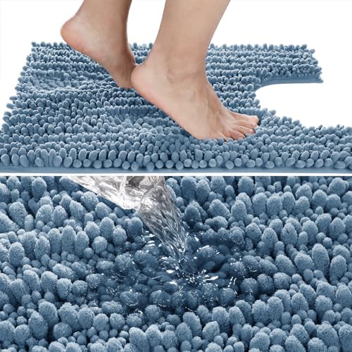 Yimobra Toilet Rug U Shaped Washable 24x20 Inch - Ultra Soft Absorbent Chenille Bath Rugs for Toilet, Quick Dry & Machine Washable, Non Slip Contour Bathroom Mat, Denim Blue - Image 3