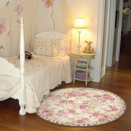 Washable 4ft Round Area Rug, Cream Boho Floral Non-Slip for Bedroom Kitchen - Image 4