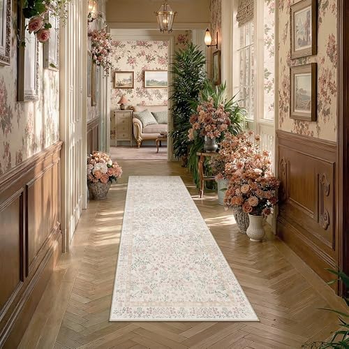 PureCozy 2x8 Pink Floral Runner Rug Vintage Farmhouse Style by PureCozy
