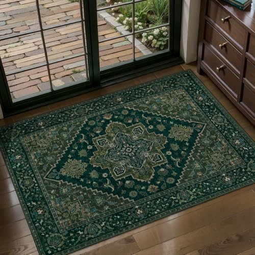 Tangsoo Dark Green 2x3 Small Rugs for Entryway, Washable Vintage Non Slip Oriental Rug, Indoor Front Door Rug, Print Door Mat Small Carpet, Soft Low Pile Rugs for Entrance Kitchen Bedroom Home Decor by Tangsoo