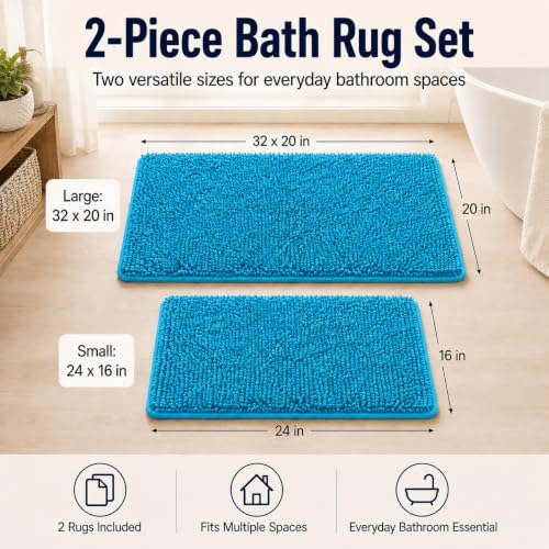 Teal Blue Bathroom Rugs Bath Mats for Bathroom Chenillen Bath Rug Set 2 Piece Non-Slip Bath Mats, Absorbent Shaggy Rugs, Machine Wash, Perfect Plush Bathroom Mats, Batroom Carpets Set - Image 2