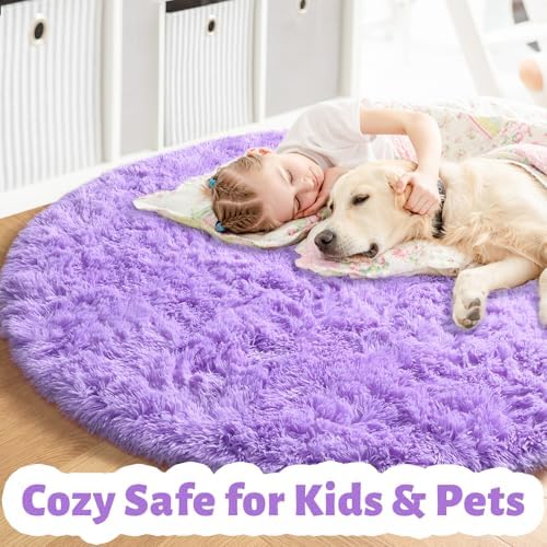 Amdrebio Purple Fluffy Round Circle Area Rug 4Ft for Girls Bedroom Dorm - Image 2