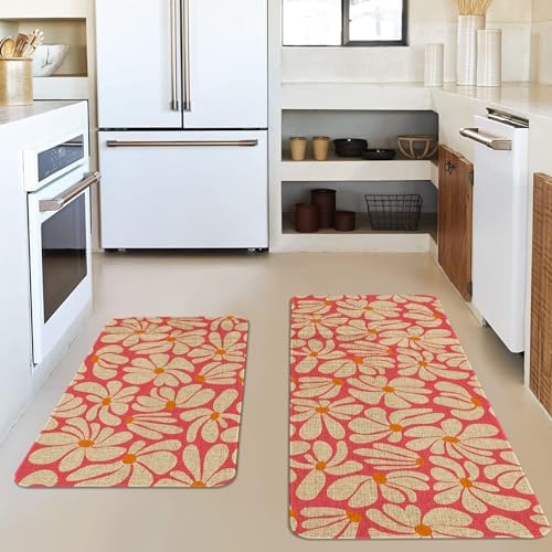 Spring Daisy Floral Kitchen Mats Decor, Pink Retro Groovy Flower Power Kitchen Rugs Sets of 2, Vintage 1970s Floral Rug Home Decorations Indoor, 17" x 30" and 17" x 47" - Image 2