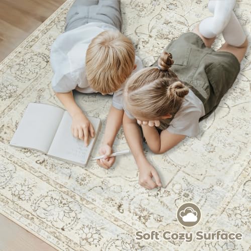 Area Rug 10x14 Washable Rug, Vintage Boho Medallion Rugs Non-Slip Soft Low Pile Large Distressed Rug Indoor Retro Carpet for Living Room Bedroom Dining Room Home Office Cream/Light Blue 10'x14' - Image 4