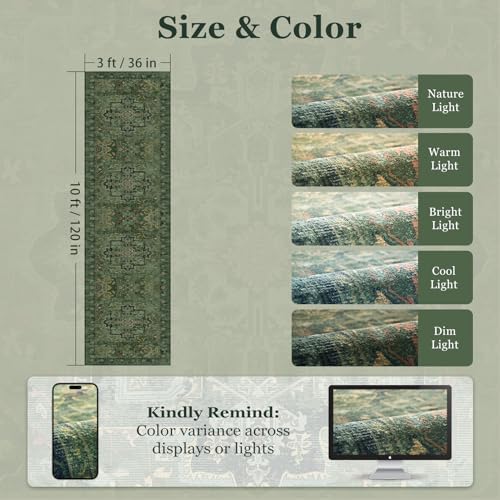 Dark Green 3x10 Long Hallway Runner Rug, Vintage Distressed Medallion Carpet Runners for Entryway, Low Pile Thin Runner Rug Non Slip Washable for Kitchen/Mudroom/Foyer/Bedroom - Image 2