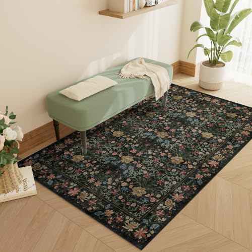 DUKINO 3x5 Rug, Washable Vintage Floral Bedroom Area Rug Non Slip, Black by DUKINO