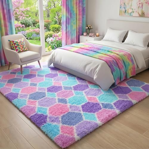 Checkered 6x9 Area Rugs for Living Room, Fluffy Purple Rainbow Girls Rug - Image 5