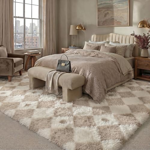 PureCozy Beige 8x10 Area Rug for Living Room Soft Checkered Shag Carpet - Image 3