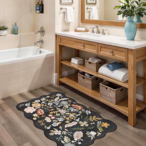 Bathroom Rugs 30x20 Bath Mat: Boho Washable Low-Pile Thin Door Mat Black by BYYVOORugsforYourHome