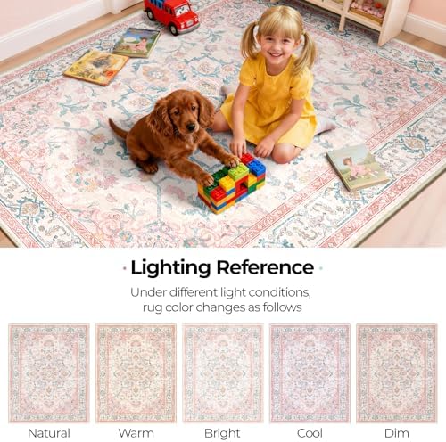 CAPALOCA 8x10 Washable Nursery Girls Low Pile Area Rug Pink Teal - Image 7