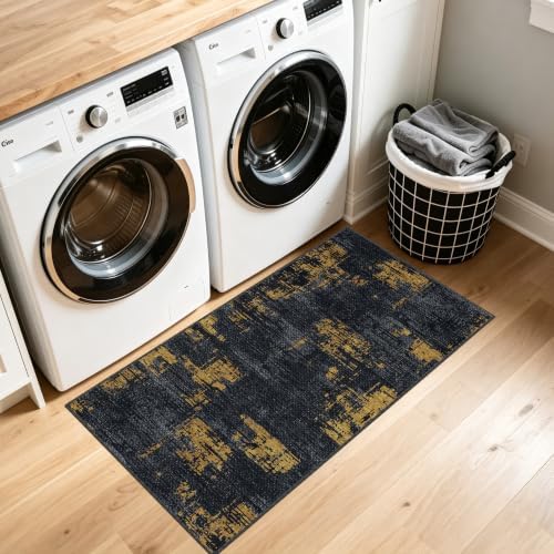 Entryway Runner Rug 2x4ft,Non Slip Carpet Runner, Navy/Gold - Image 2