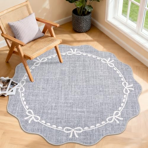 GarveeHome 4ft Round Rugs Washable Scalloped Bow Rug for Bedroom, Grey by GarveeHome