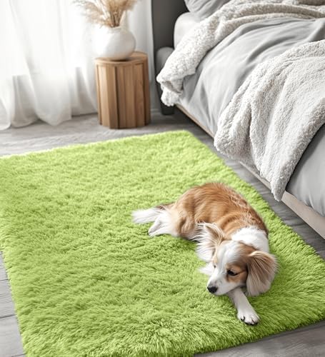 OLANLY 3x5 Machine Washable Small Bedside Rug, Soft Fluffy Shaggy Rugs for Living Room, Bedroom, Indoor Floor Carpet for Kids Girls and Boys, Preppy Dorms, Nursery, Home Decor Aesthetic, Grass Green - Image 3