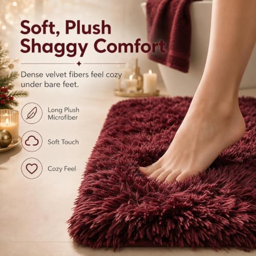 Burgundy Shaggy Bathroom Rugs Set Plush Velvet Bath Rugs Non-Slip Bath Mat Set 3 Piece,Washable Mats,Absorbent Shaggy Rugs Super Soft U-Shaped Toilet Rug,Bahroom Carpets for Bathroom,Tub,Shower - Image 5