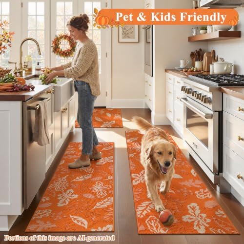 Ileading Fall Kitchen Rugs Set of 3 Piece Washable Orange Autumn Runner Rug - Image 3