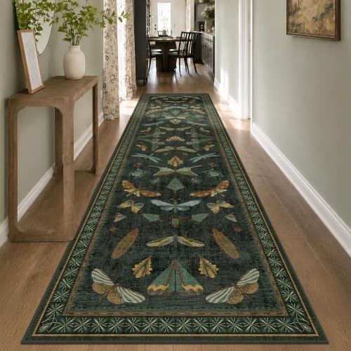 3x12 Long Hallway Runner Rug Non Slip - Washable Front Door Runner Indoor Entrance, Boho Nature Insect Stain Resistant Kitchen Carpet, Low Pile & Soft Indoor Décor (Dark Green) by HazoHaus