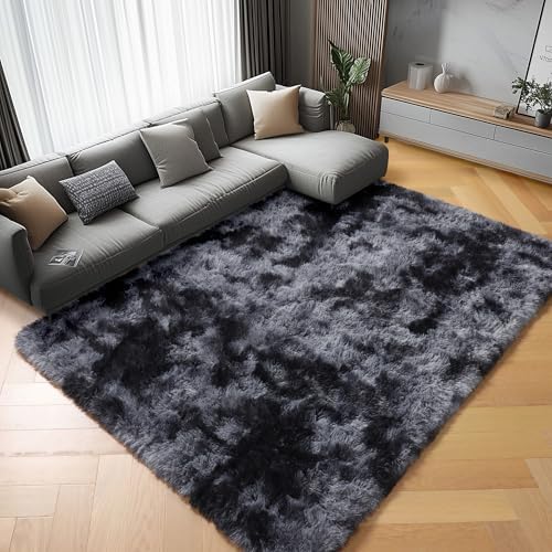 ONASAR 6x9 Area Rugs for Living Room Bedroom, Tie-Dyed Dark Grey Large Fluffy Bedside Throw Rug, Soft Plush Shaggy Fuzzy Floor Carpet for Nursery Kids Girls Boys Teen Dorm Home Decor - Image 2