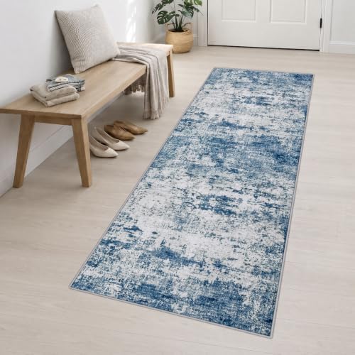 3x10 Washable Runner Rug：Modern Abstract Kitchen Soft Carpet Blue - Image 3