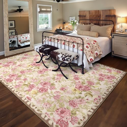 Washable 8x10 Area Rug, Cream Boho Floral Non-Slip for Living Room, Bedroom - Image 6