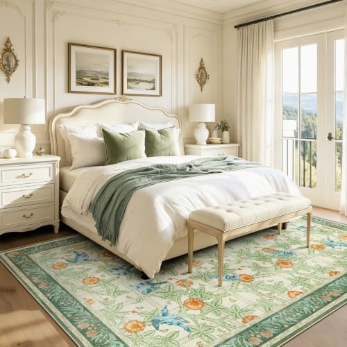 5x7 Area Rug for Living Room, Green Floral Boho Washable Rugs for Bedroom - Image 5