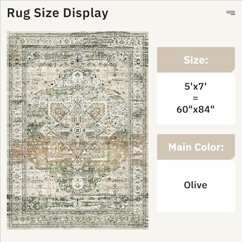 Soalmost 5x7 Area Rug Low Pile Washable Trendy Faded Style Rug, Olive Beige - Image 4