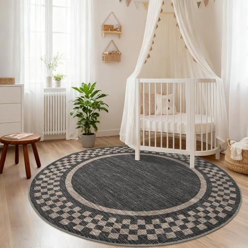GarveeHome 4ft Washable Round Rug for Entryway Checkered Bedroom Circle Rug - Image 2