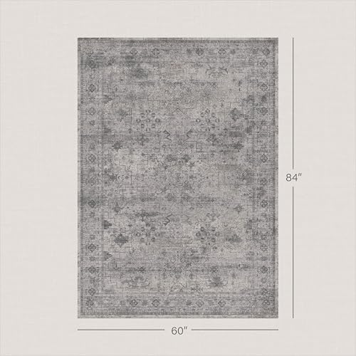 Washable 5x7 Modern Dusty Grey Area Rug for Dining Room Under Table, Bedroom, Minimalist Neutral Scandinavian Distressed Geometric Large Rugs for Living Room, Stain Resistant Low Pile Anti-Slip - Image 2