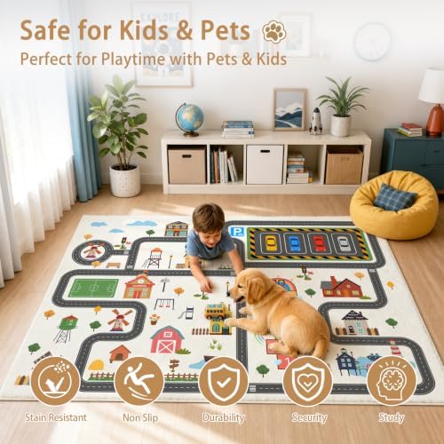 5'x7' Kids Car Play Rug, Kids Road Playmat Rug for Toy Cars, Educational Town City Map Washable Carpet for Boy Playroom Bedroom, Safer Car Track Play Mat for Children - Non Slip, 60"x84" - Image 4