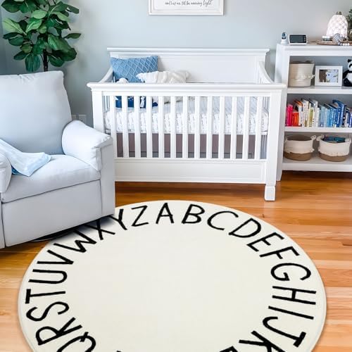 Topotdor Round ABC Area Rug,96 Inch Soft Floor Carpet,Teal - Image 5