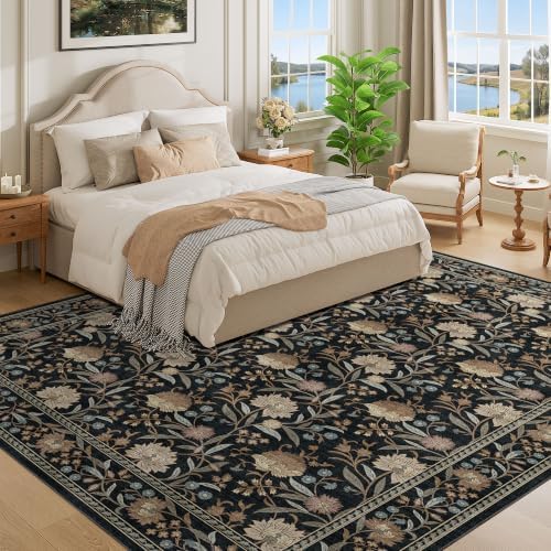 DUKINO 8x10 Area Rug, Vintage Floral Washable Rugs for Living Room, Black - Image 3