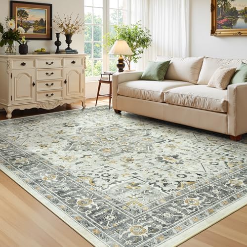 5x7 Washable Living Room Rugs, Modern Vintage Boho Area Rug Taupe - Image 2