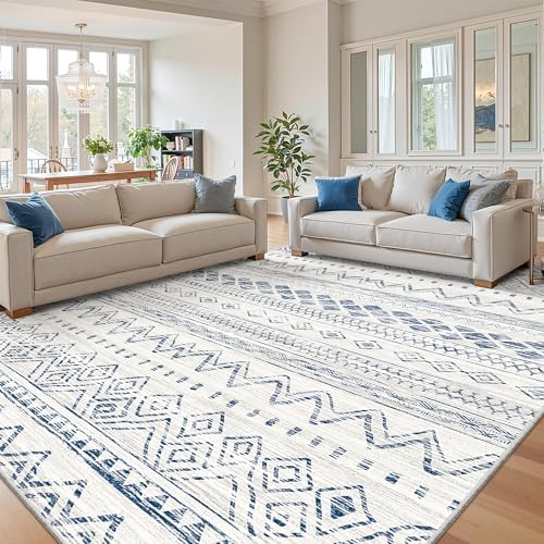 Miukiki 9x12 Area Rug for Living Room, Washable Non Slip Moroccan Rug Blue by Miukiki