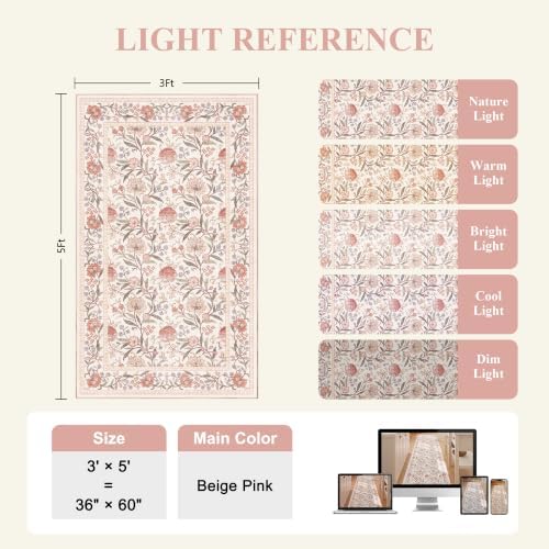 DUKINO 3x5 Rug Washable Vintage Floral Bedroom Area Rug Non Slip Beige Pink - Image 2