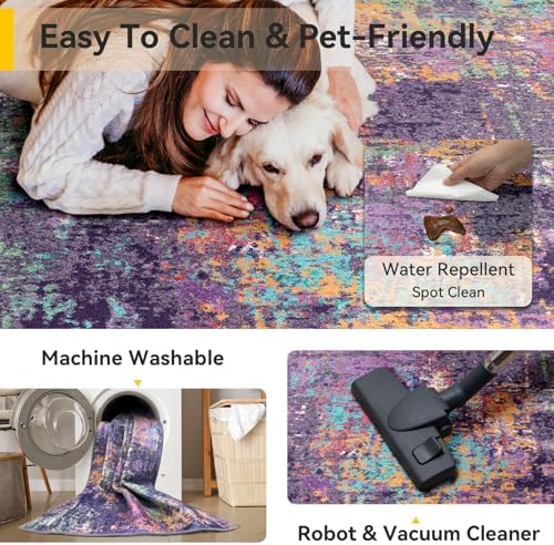 RELEANY Washable Round 8ft Area Rug for Living Room Purple Multi - Image 4