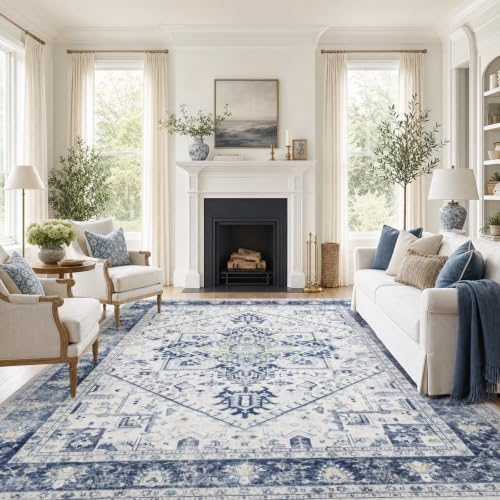 Amada Large 8x10 Washable Area Rug for Living Room, Blue, Vintage Pattern by AMADAHOMEFURNISHING