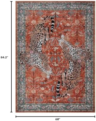 Moynesa Leopard 5x7 Area Rug, Boho Washable Living Room Rug, Non Slip Rugs for Bedroom, Ultra Thin Vintage Soft Stain Resistant Throw Floor Carpet for Office Dining Room, Rust - Image 2