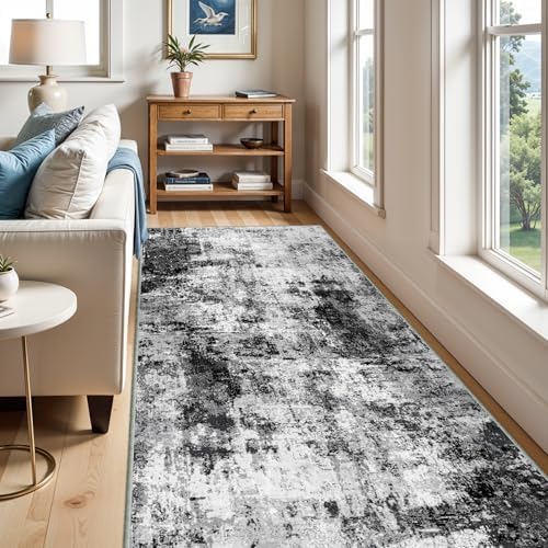 4x10 Wide Washable Runner Rug: Easy-to-Clean Runners for Hallway Entryway Kitchen Bedroom Living Room - Stain and Water Resistant Rugs with Non-Slip Backing - Soft Low-Pile Carpet Black Grey - Image 6