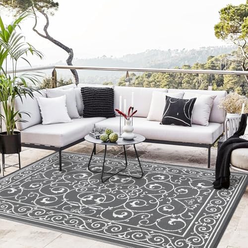 GAOMON Outdoor Rug Waterproof 9x12 Patio Rug Durable Indoor Outdoor RV Mat, Reversible Camping Carpet, Foldable Plastic Straw Rug for Patio, Porch, Deck, Balcony, Beach,Vintage-Grey - Image 2