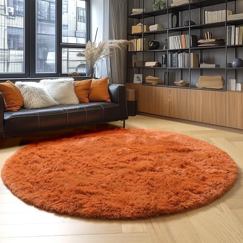 Amdrebio Burnt Orange Shag Plush Big Round Rug 6Ft for Bedroom Living Room - Image 6
