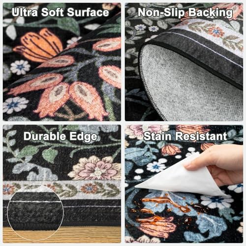 PLHXFR Area Rug 10x12 Living Room: Floral Washable Boho Carpet Dark Black - Image 6