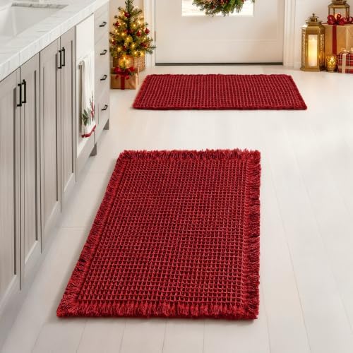 MIULEE Christmas Burgundy Red Set of 2 Waffle Bathroom Rugs 17x24 Inch by MIULEE