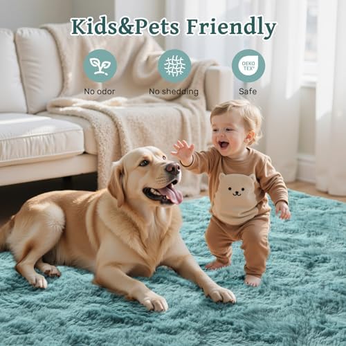 5x7 Rug for Living Room Teal Shag Area Rugs, Modern Plush Non-Slip Soft Carpets for Bedroom Kids Nursery Dorm Daycare Floor - Image 6