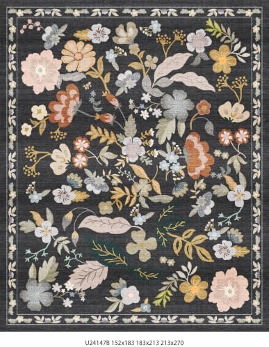 7x9 Area Rug for Living Room: Washable Non Slip Floral Bedroom Rugs Black by BYYVOORugsforYourHome