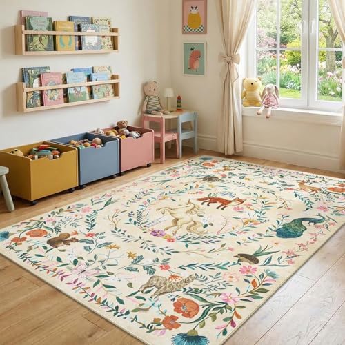 jinchan 6x9 Playroom Rug for Girls Room Washable Unicorn Nursery Rug, Cream - Image 3