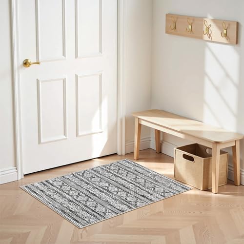 Tortania Area Rug Living Room Rugs - 2x3 Washable Soft Neutral Boho Moroccan Farmhouse Mat Indoor Floor Carpet for Bedroom Hallway Entryway Kitchen Home Office Decor - Black White by Tortania