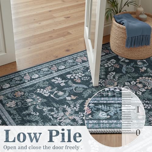 DCX Washable Blue 4x4 Round Rug Botanical Floral Rug - Image 6