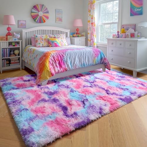 Amdrebio Pink Blue Purple Big Shaggy Rug 6x9 for Living Room Girls Bedroom - Image 4