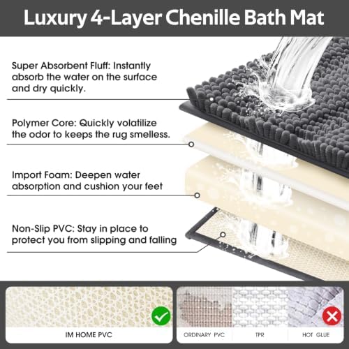 Striped Grey Bathroom Rug Mat Set 2 piece 24"x17"+48"x20" Ultra Soft, Non Slip Chenille Bath Rugs, Absorbent Plush Shaggy Bath Mats for Bathroom, Bedroom, Kitchen, Shower, Tub,Dark Gray, Charcoal - Image 5