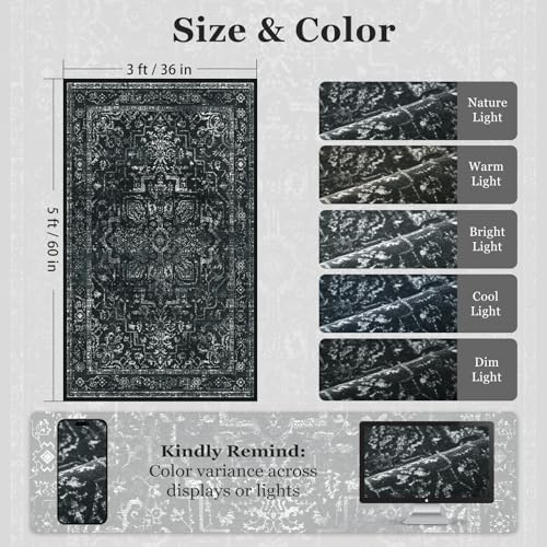 Black Distressed 3x5 Area Rugs for Entryway Foyer, Washable Non Slip Low Pile Throw Rugs for Kitchen, Dark Vintage Medallion Pinted Carpet for Bedroom/Bathroom/Closet/Dorm/Home Office - Image 2